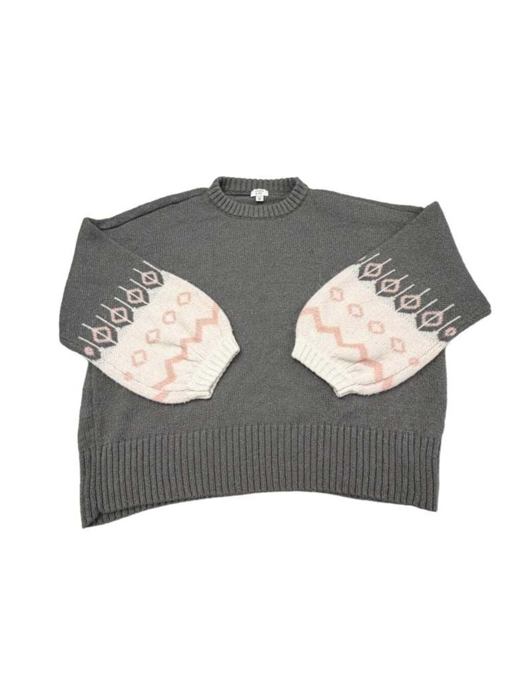 Crown & Ivy Gray Crew Neck Sweater with Patterned Puff Sleeves